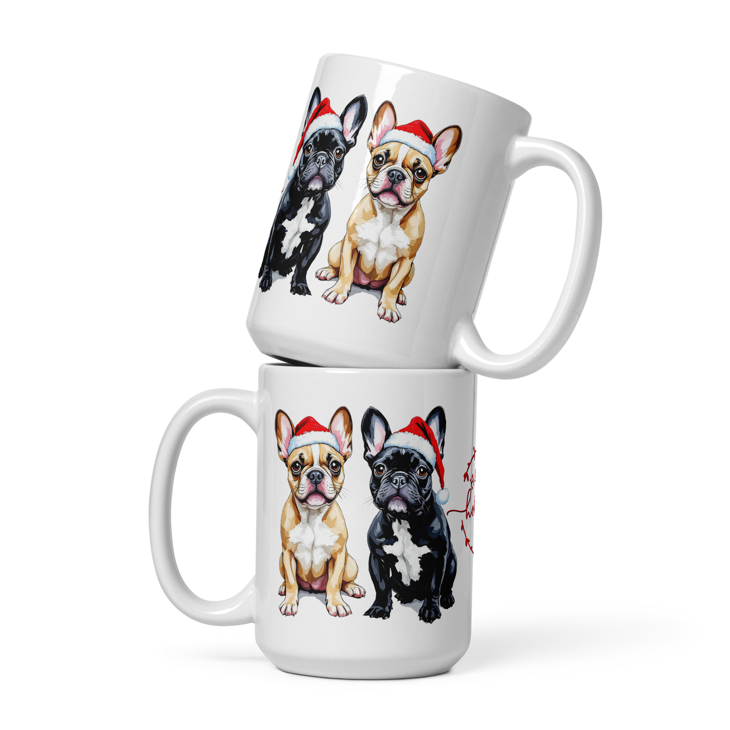 French Bulldogs Wearing Santa Hats White Glossy Mug