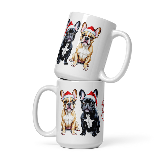 French Bulldogs Wearing Santa Hats White Glossy Mug