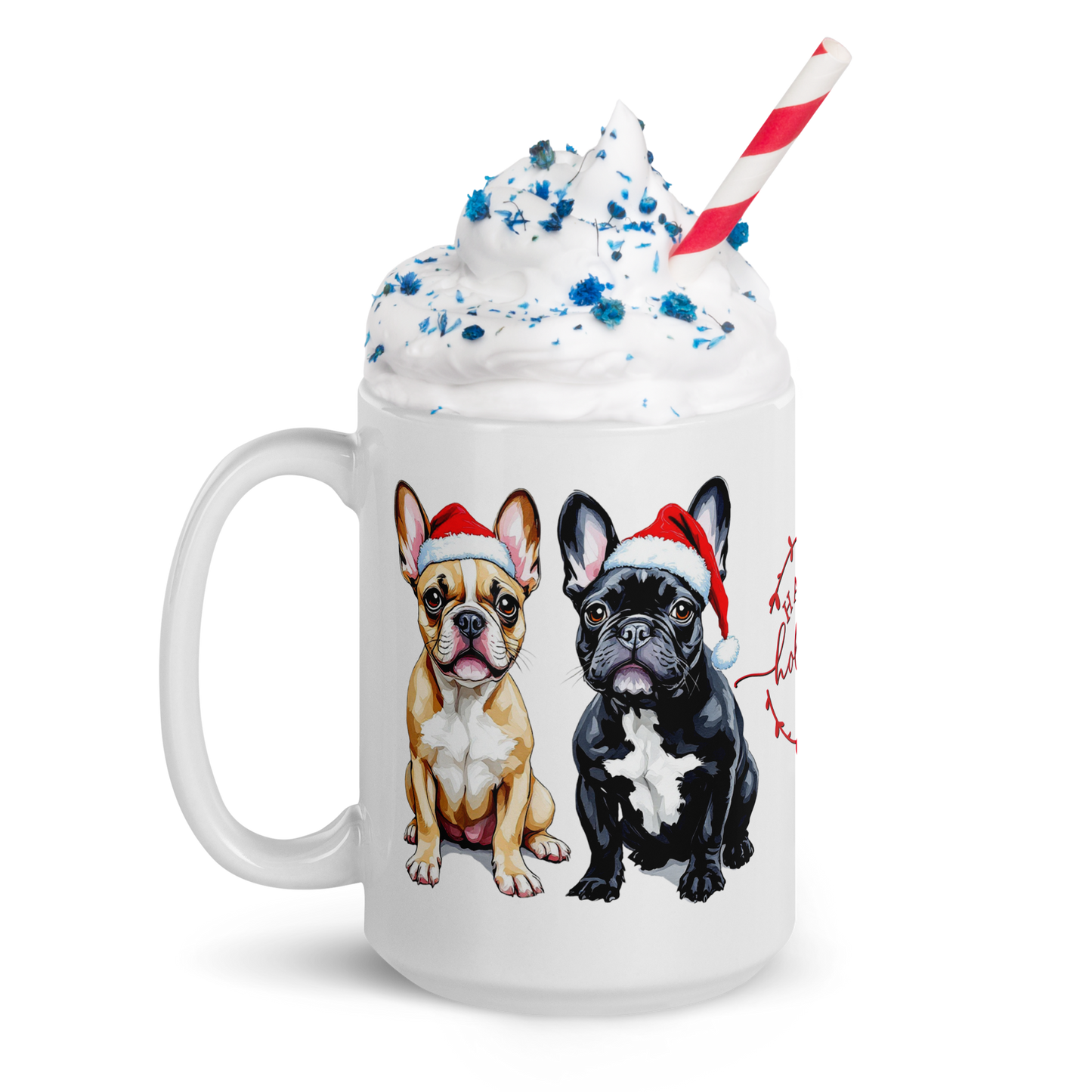 French Bulldogs Wearing Santa Hats White Glossy Mug