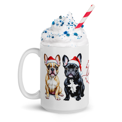 French Bulldogs Wearing Santa Hats White Glossy Mug