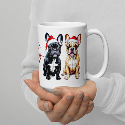 French Bulldogs Wearing Santa Hats White Glossy Mug