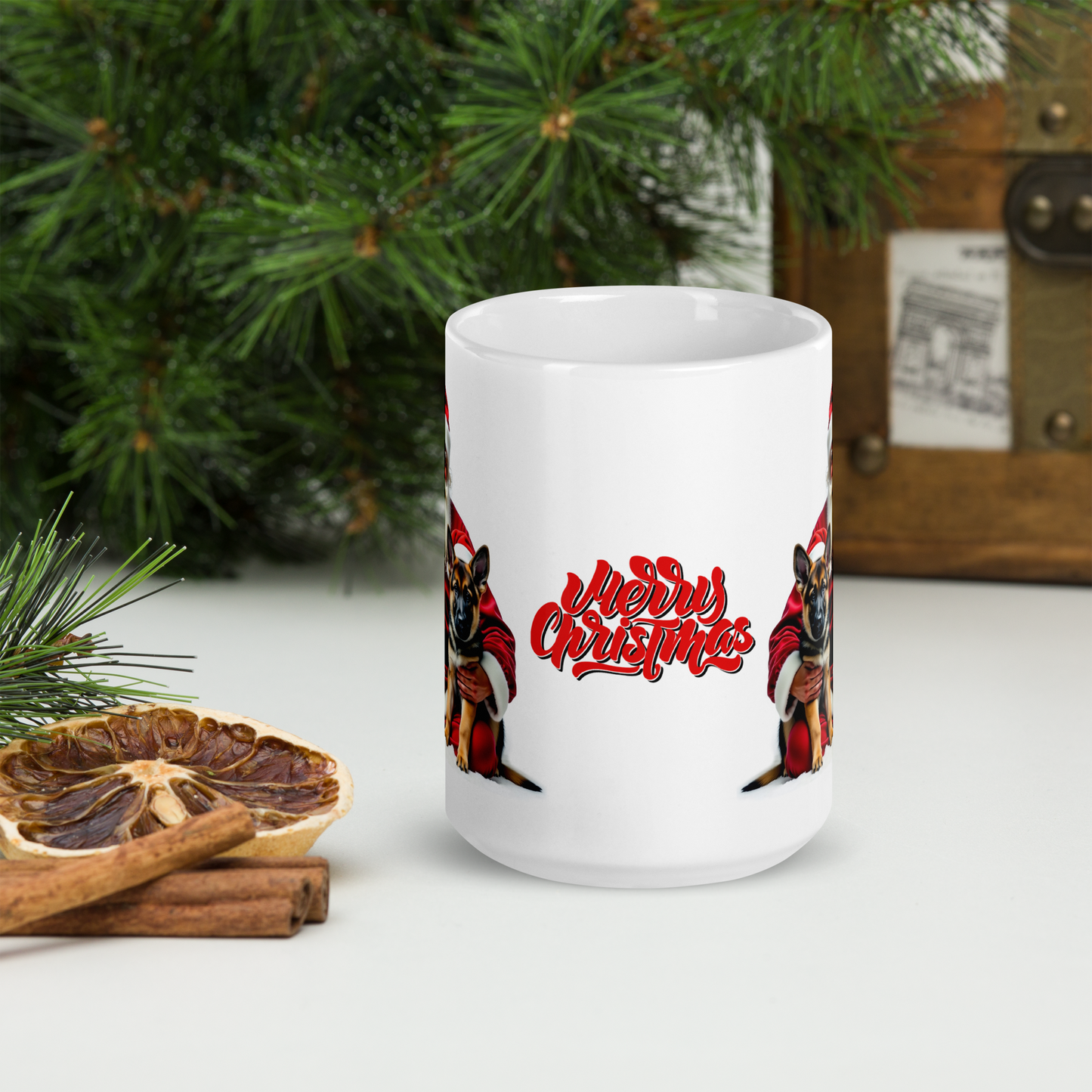 German Shepherd Puppies with Santa Claus Glossy White Mug