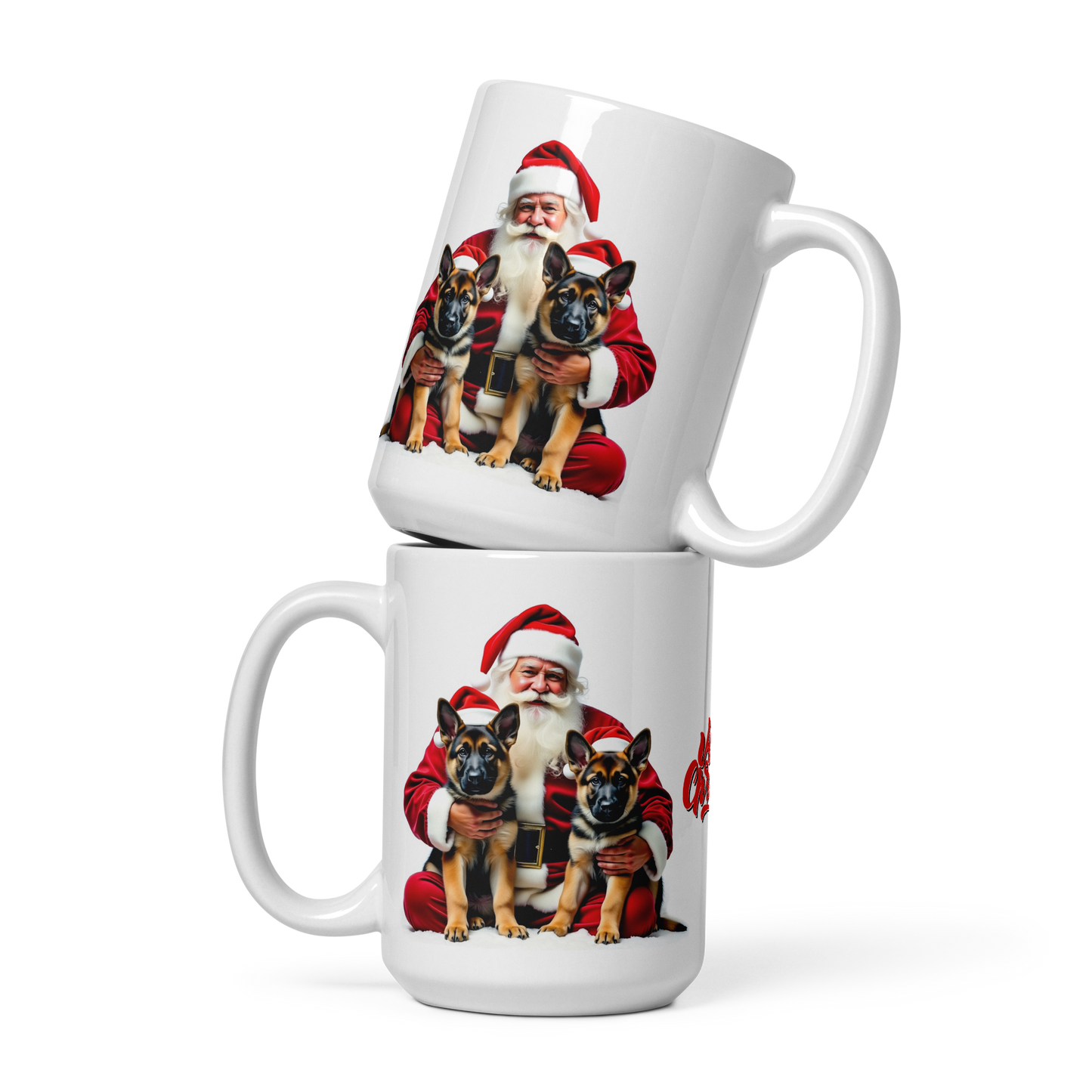 German Shepherd Puppies with Santa Claus Glossy White Mug