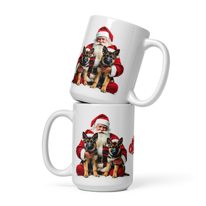 German Shepherd Puppies with Santa Claus Glossy White Mug