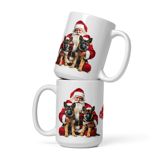 German Shepherd Puppies with Santa Claus Glossy White Mug