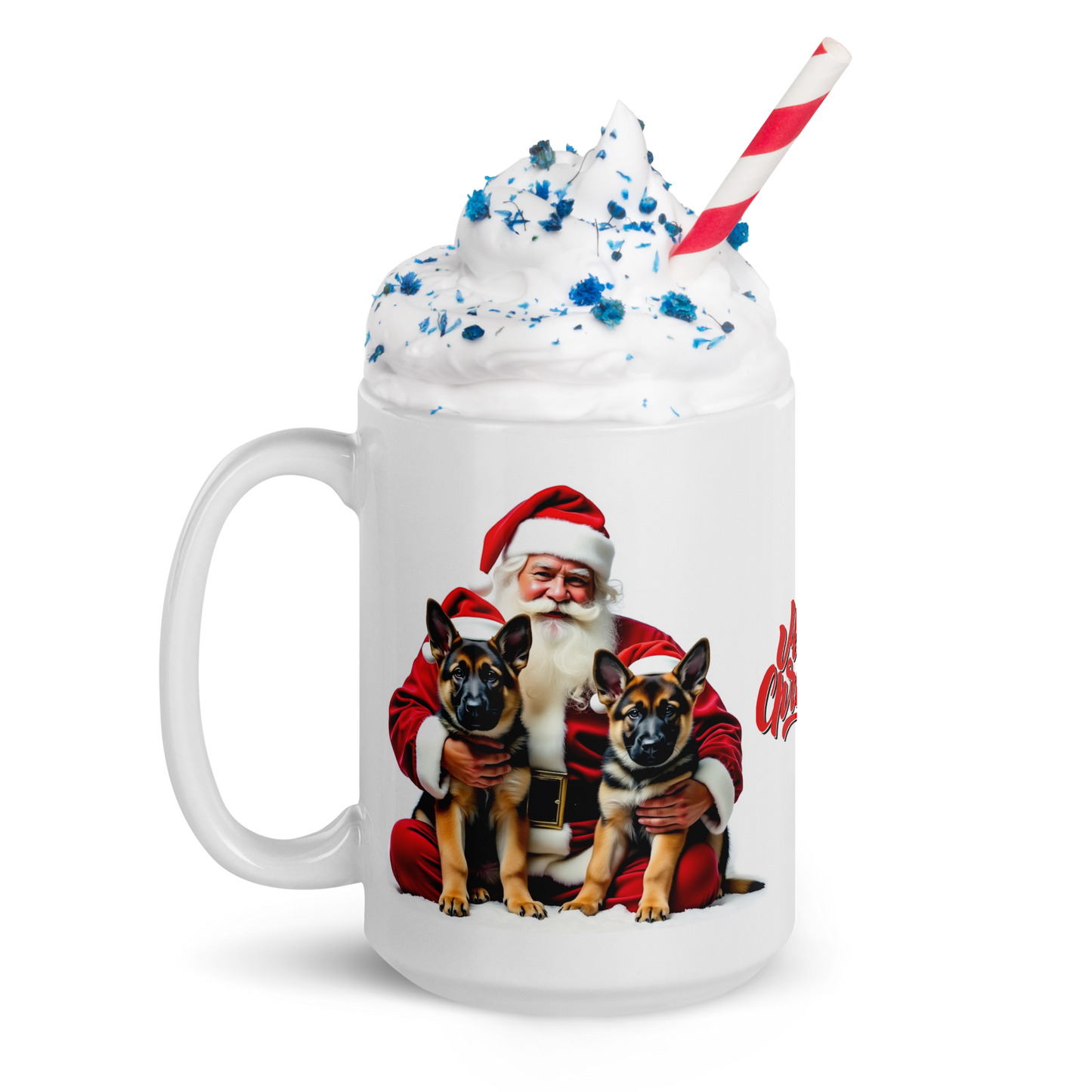 German Shepherd Puppies with Santa Claus Glossy White Mug