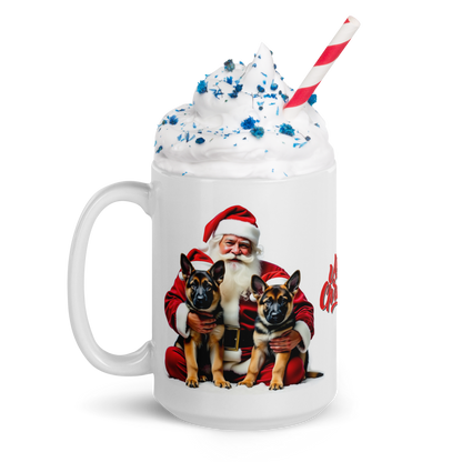 German Shepherd Puppies with Santa Claus Glossy White Mug