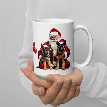 German Shepherd Puppies with Santa Claus Glossy White Mug