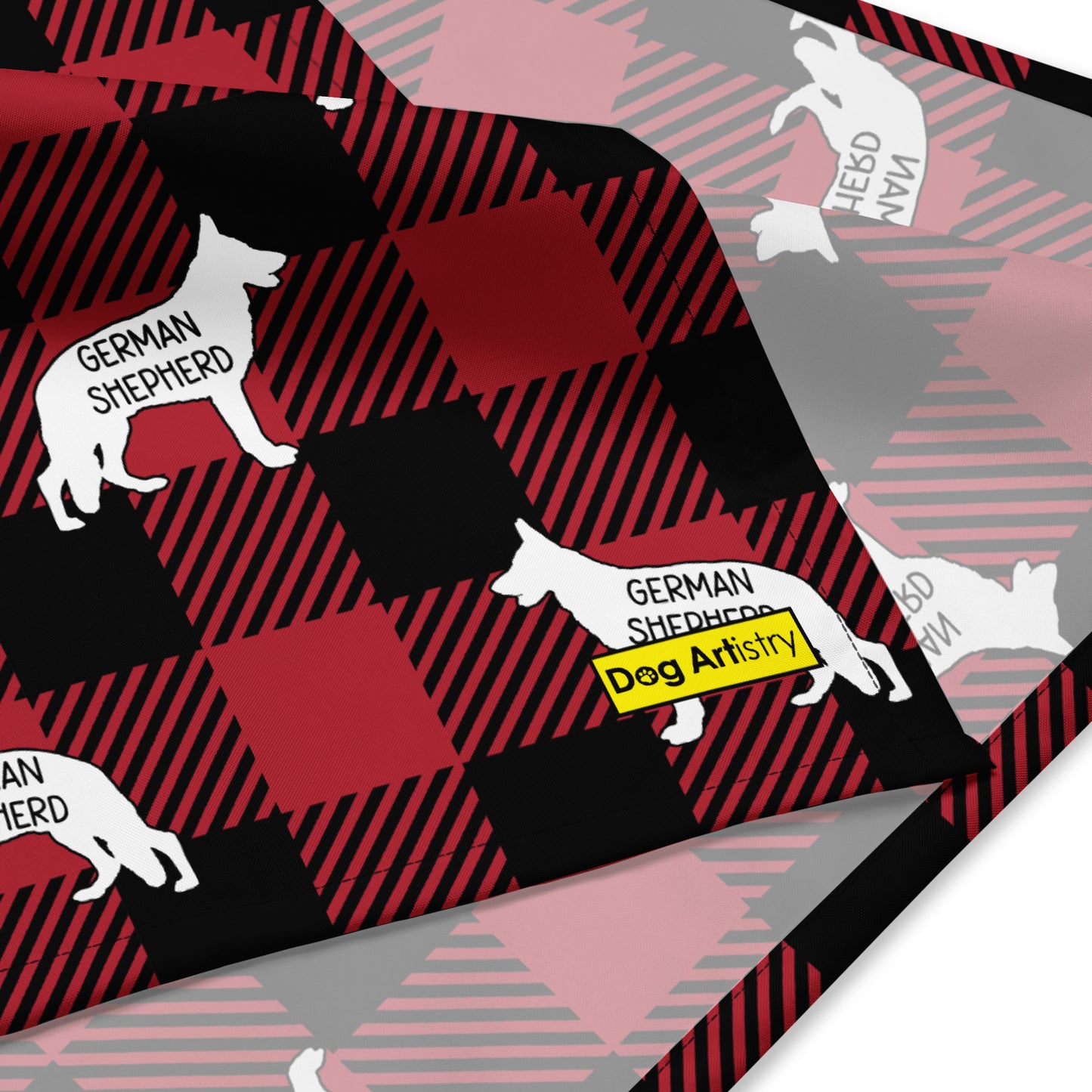 German Shepherd dark red plaid bandana by Dog Artistry. Close up.