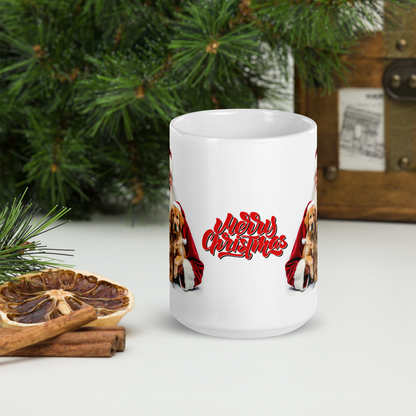 Golden Retriever Puppies with Santa Claus Glossy White Mug