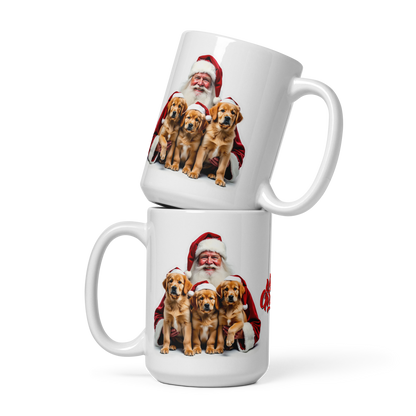 Golden Retriever Puppies with Santa Claus Glossy White Mug