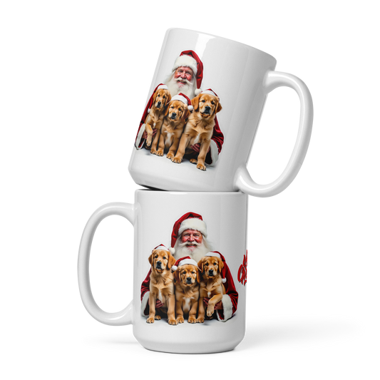 Golden Retriever Puppies with Santa Claus Glossy White Mug