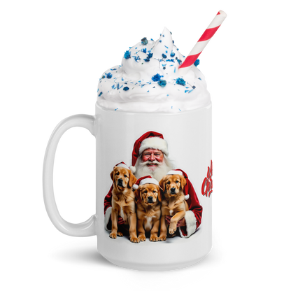 Golden Retriever Puppies with Santa Claus Glossy White Mug