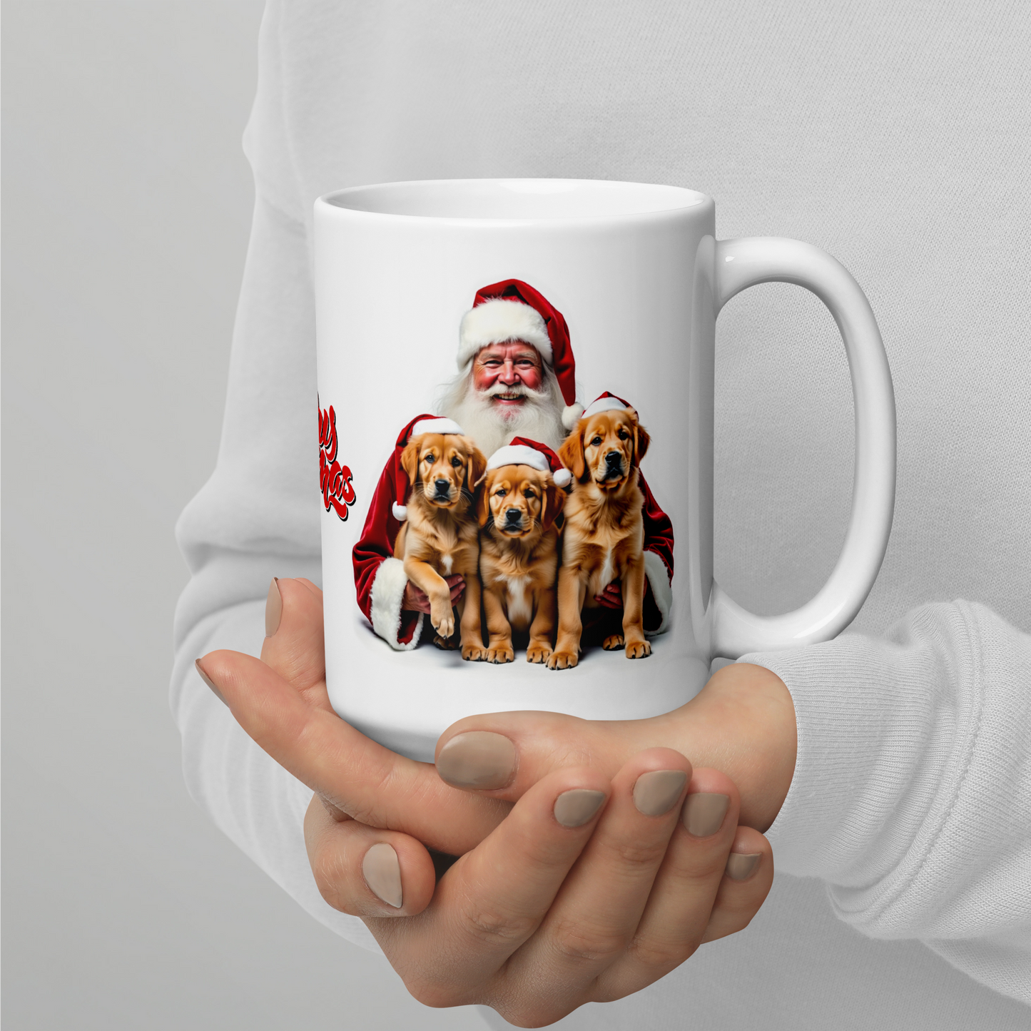 Golden Retriever Puppies with Santa Claus Glossy White Mug