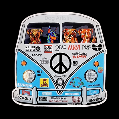 Dog Artistry Hip-Hop Bus Die-Cut Vinyl Sticker with Boxer, Doberman, English Bulldog, Pit Bull