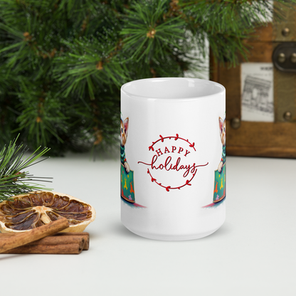 Kitten Wearing Ugly Christmas Sweater and Green Santa Hat Glossy White Mug