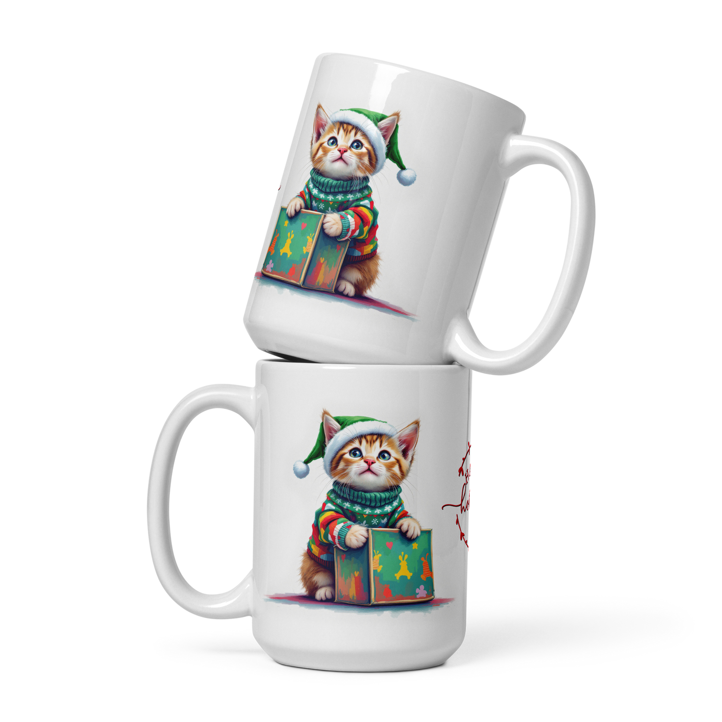 Kitten Wearing Ugly Christmas Sweater and Green Santa Hat Glossy White Mug