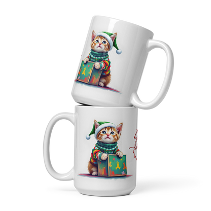 Kitten Wearing Ugly Christmas Sweater and Green Santa Hat Glossy White Mug