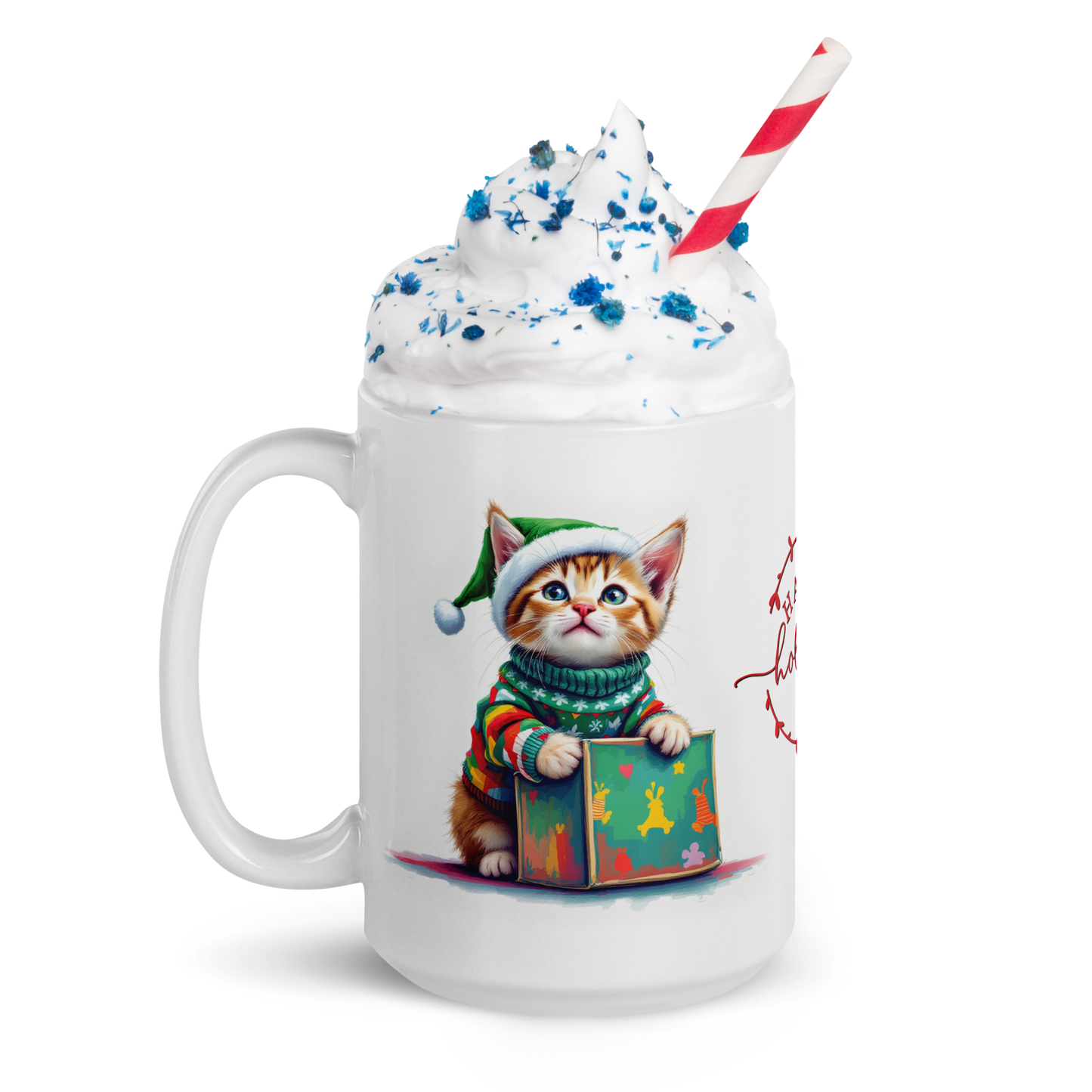 Kitten Wearing Ugly Christmas Sweater and Green Santa Hat Glossy White Mug