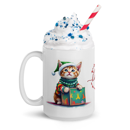 Kitten Wearing Ugly Christmas Sweater and Green Santa Hat Glossy White Mug