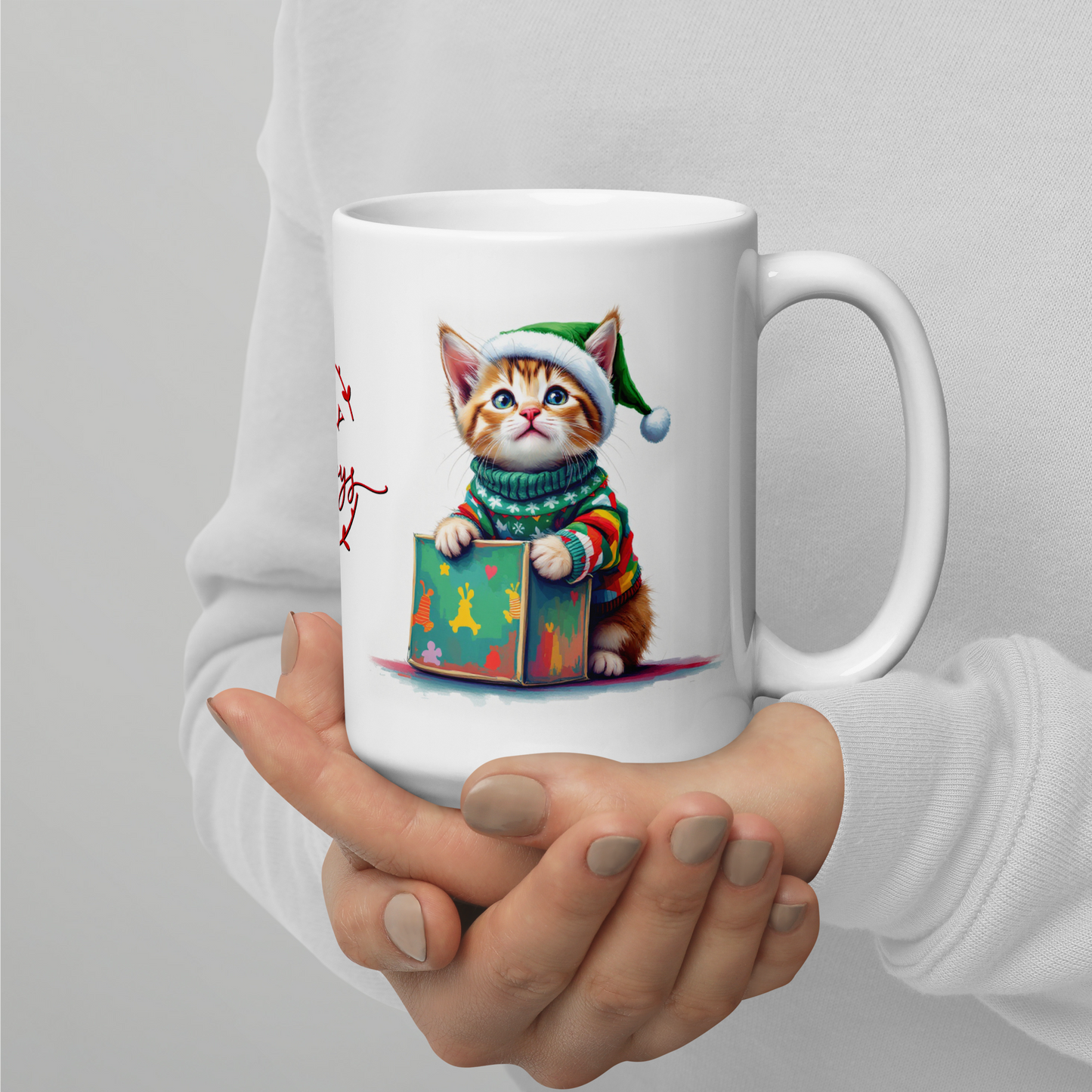 Kitten Wearing Ugly Christmas Sweater and Green Santa Hat Glossy White Mug