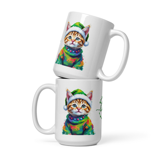 Kitten Wearing Colorful Sweater and Green Santa Hat White Glossy Mug