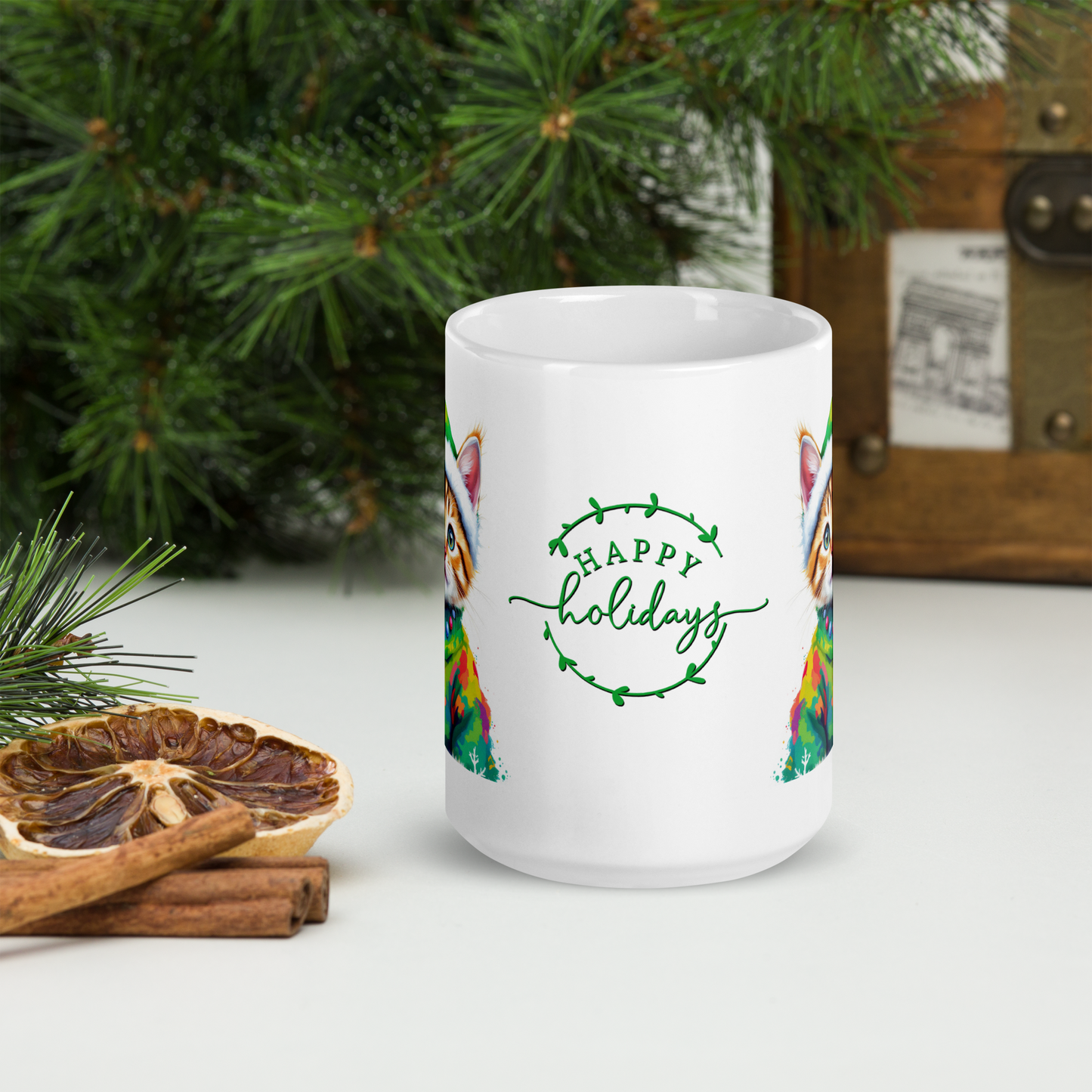 Kitten Wearing Colorful Sweater and Green Santa Hat White Glossy Mug