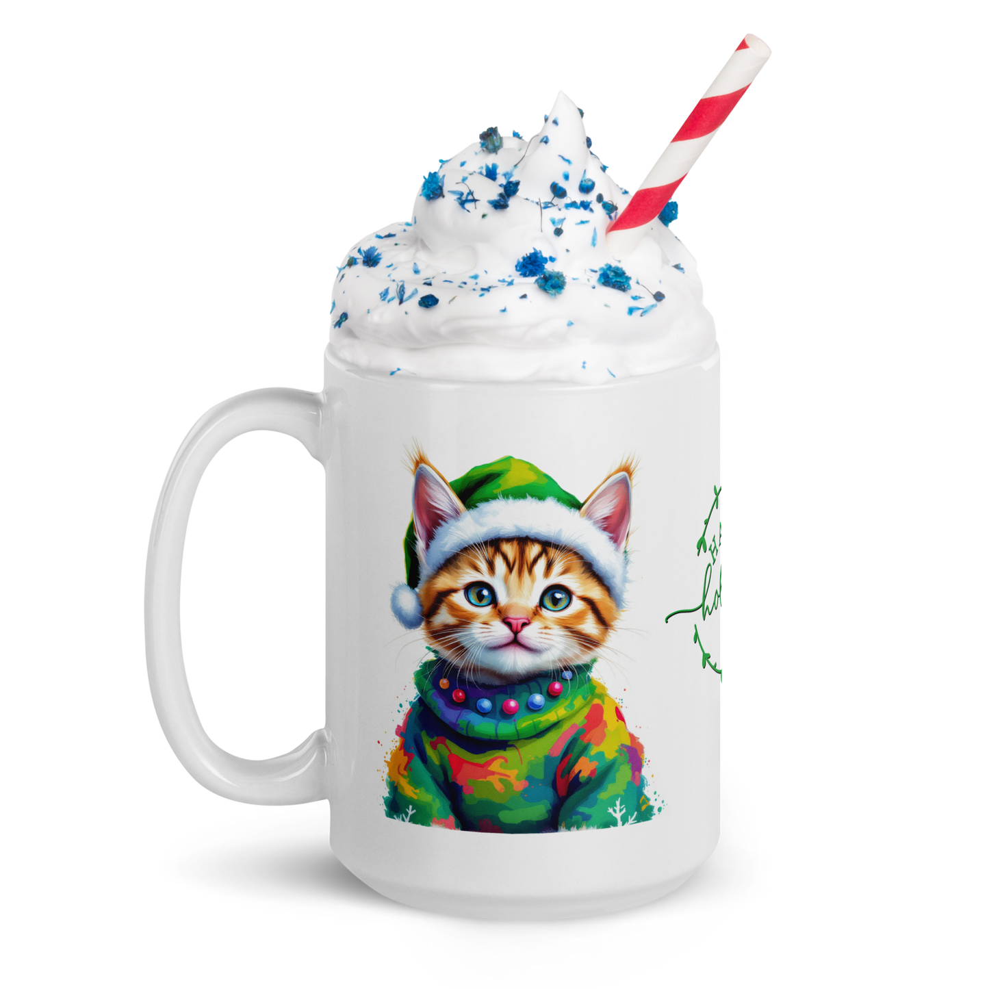 Kitten Wearing Colorful Sweater and Green Santa Hat White Glossy Mug