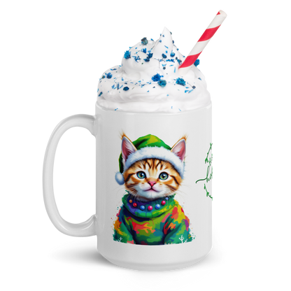 Kitten Wearing Colorful Sweater and Green Santa Hat White Glossy Mug