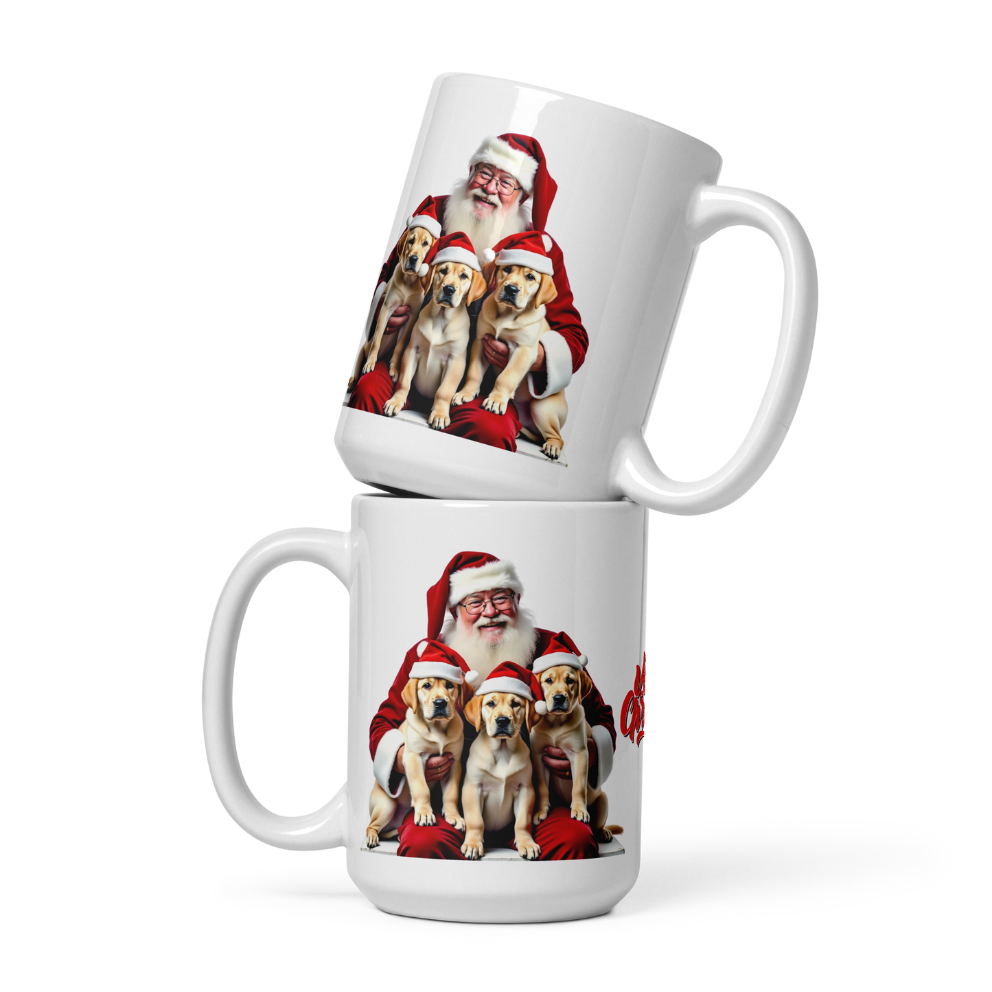 Labrador Retriever Puppies with Santa Claus Glossy White Mug