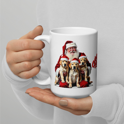 Labrador Retriever Puppies with Santa Claus Glossy White Mug