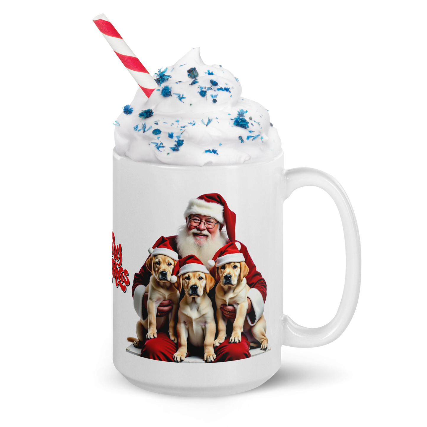 Labrador Retriever Puppies with Santa Claus Glossy White Mug