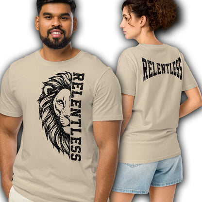 Relentless Lion Distressed Unisex Organic Mid-Light T-Shirt Designed by Dog Artistry