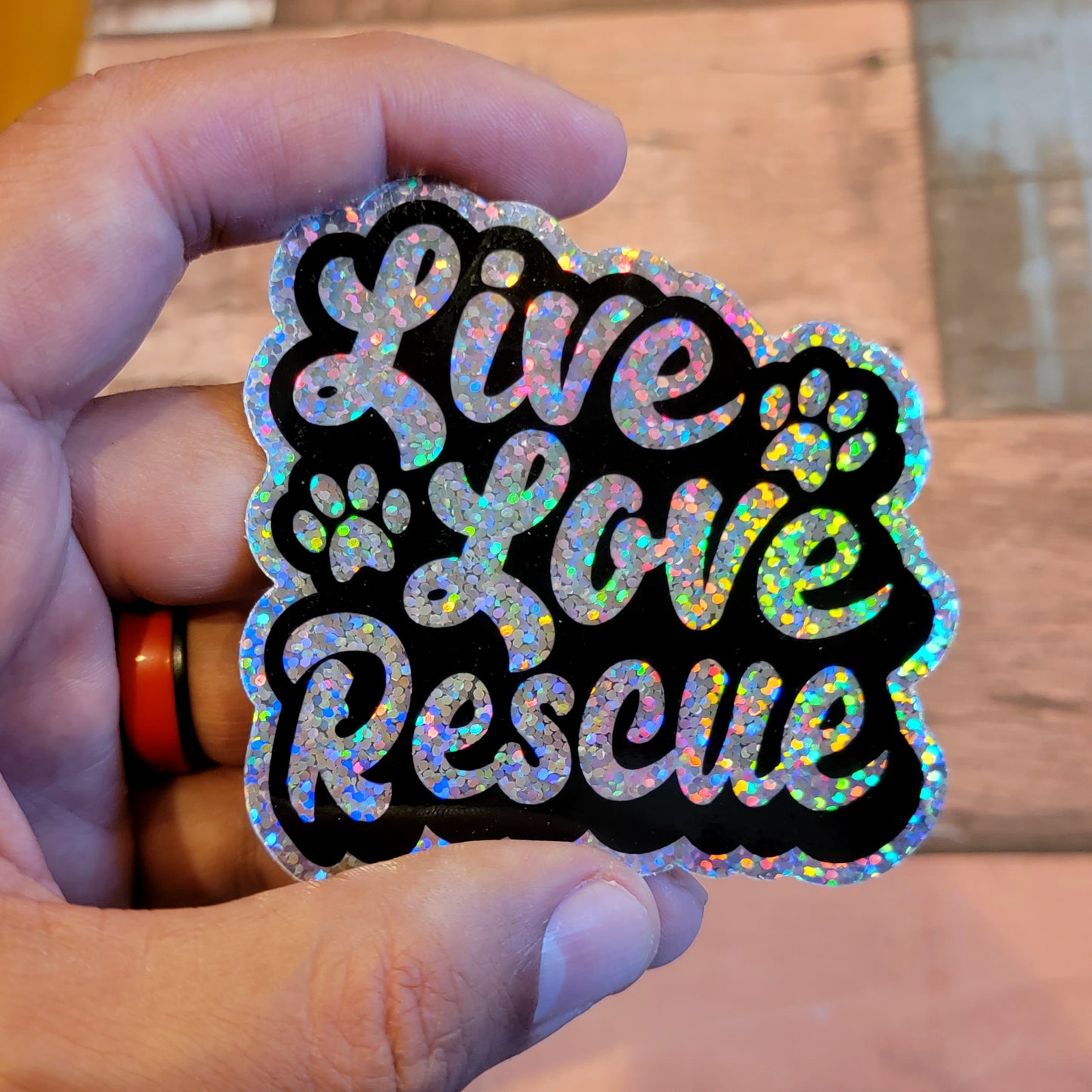 Live love rescue die-cut sparkle sticker by Dog Artistry.