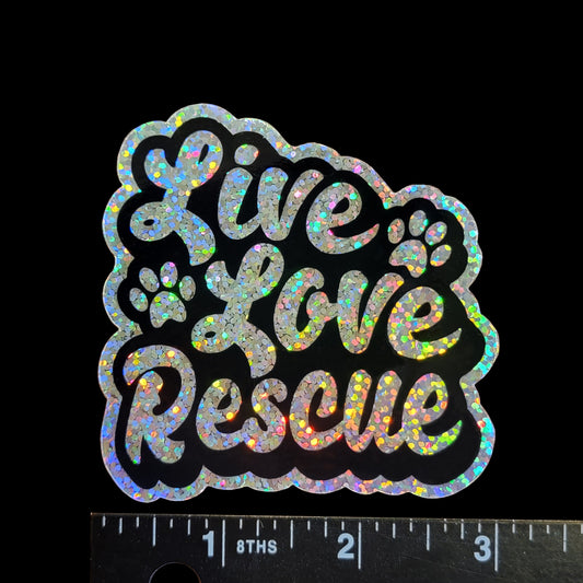 Live love rescue die-cut sparkle sticker by Dog Artistry.
