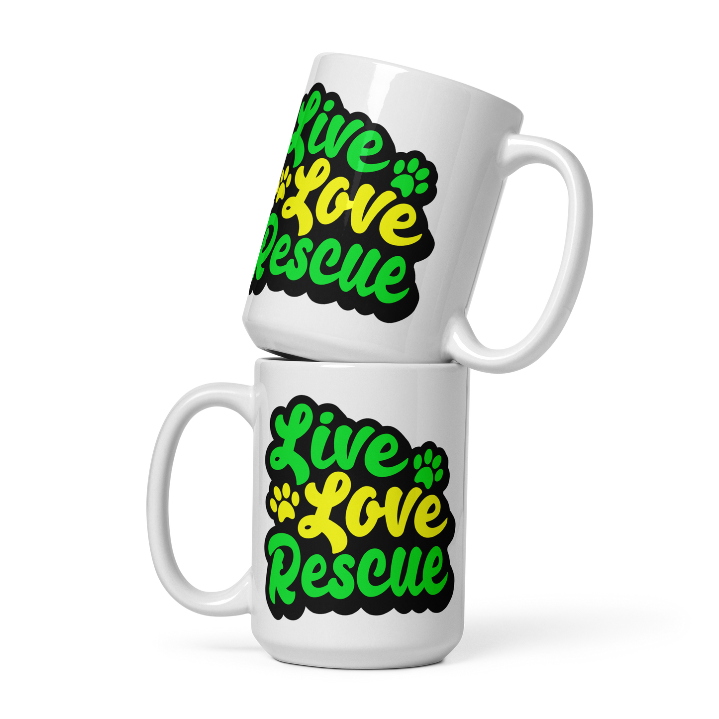 Live Love Rescue Glossy White Mug (Green and Yellow Imprint)