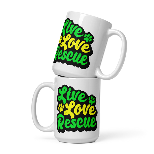 Live Love Rescue Glossy White Mug (Green and Yellow Imprint)