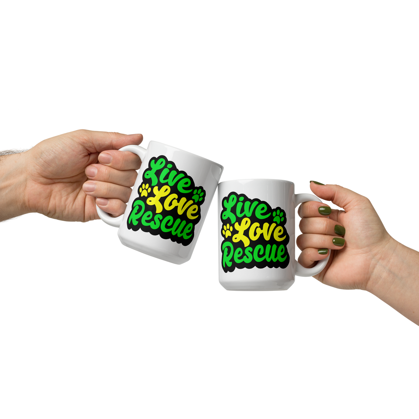 Live Love Rescue Glossy White Mug (Green and Yellow Imprint)