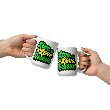 Live Love Rescue Glossy White Mug (Green and Yellow Imprint)