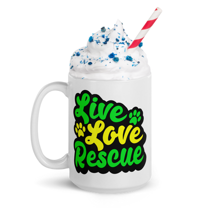 Live Love Rescue Glossy White Mug (Green and Yellow Imprint)