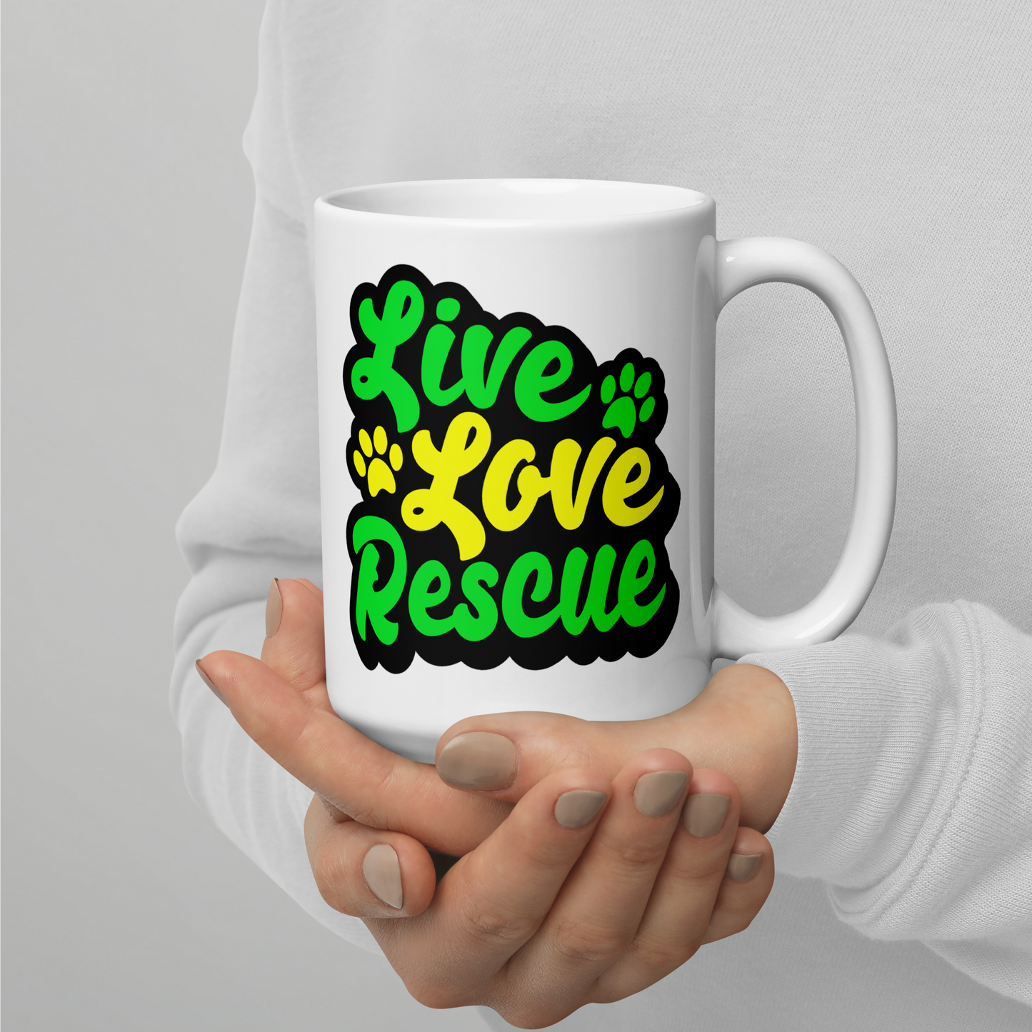 Live Love Rescue Glossy White Mug (Green and Yellow Imprint)