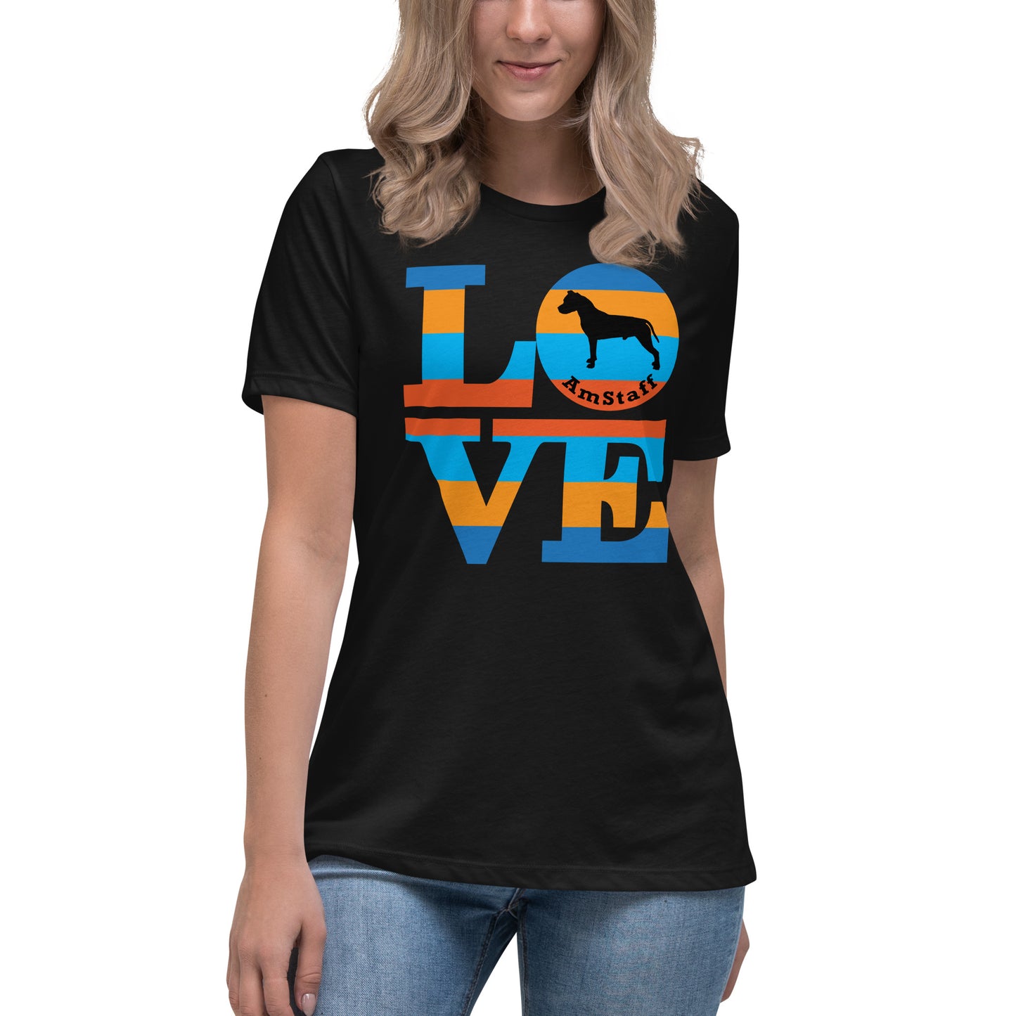 American Staffordshire Terrier Love women’s black t-shirt by Dog Artistry.