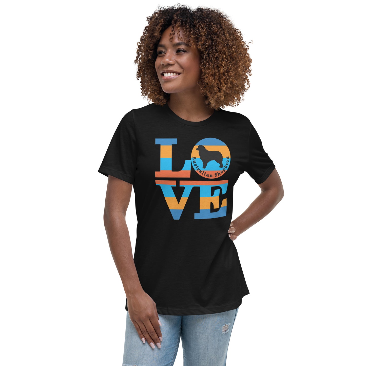 Australian Shepherd Love women’s black t-shirt by Dog Artistry.