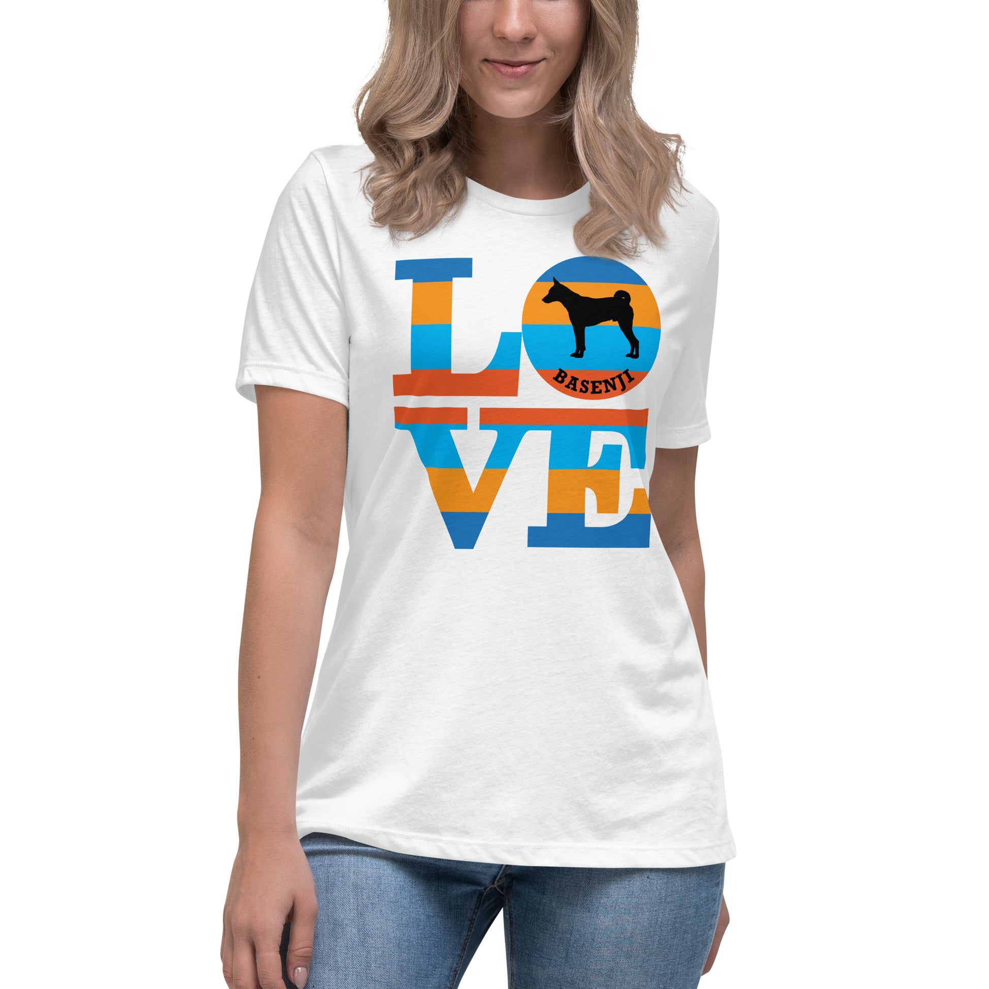 Basenji Love women’s white t-shirt by Dog Artistry.
