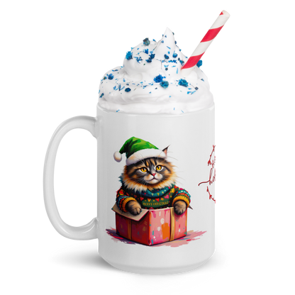 Main Coon Cat Wearing Ugly Christmas Sweater and Green Santa Hat White Glossy Mug