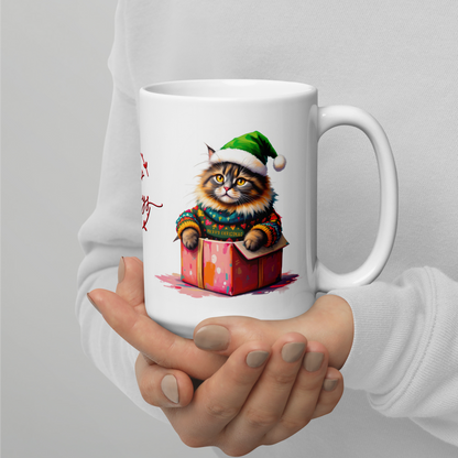 Main Coon Cat Wearing Ugly Christmas Sweater and Green Santa Hat White Glossy Mug