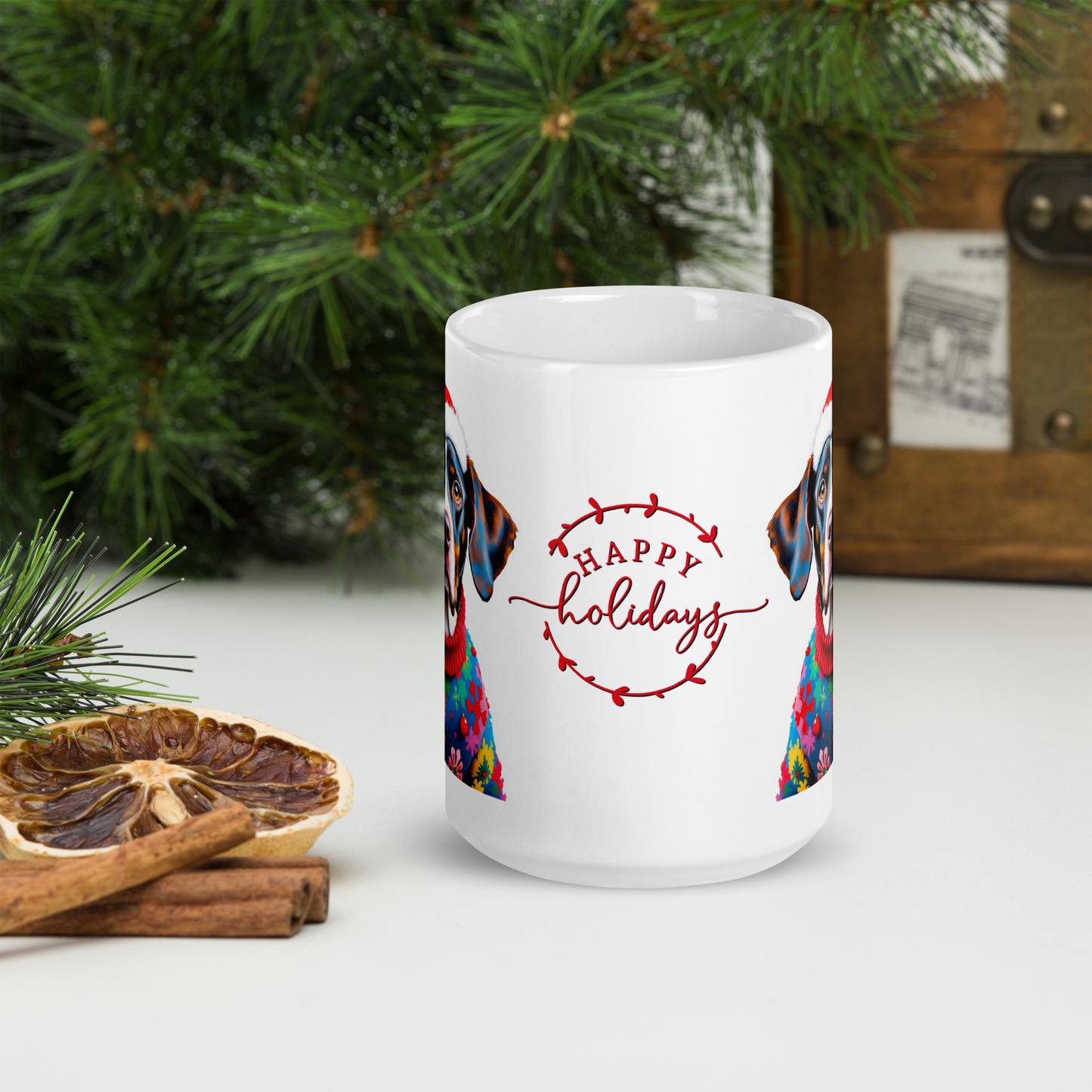 Pointer Wearing Ugly Christmas Sweater and Red Santa Hat Glossy White Mug