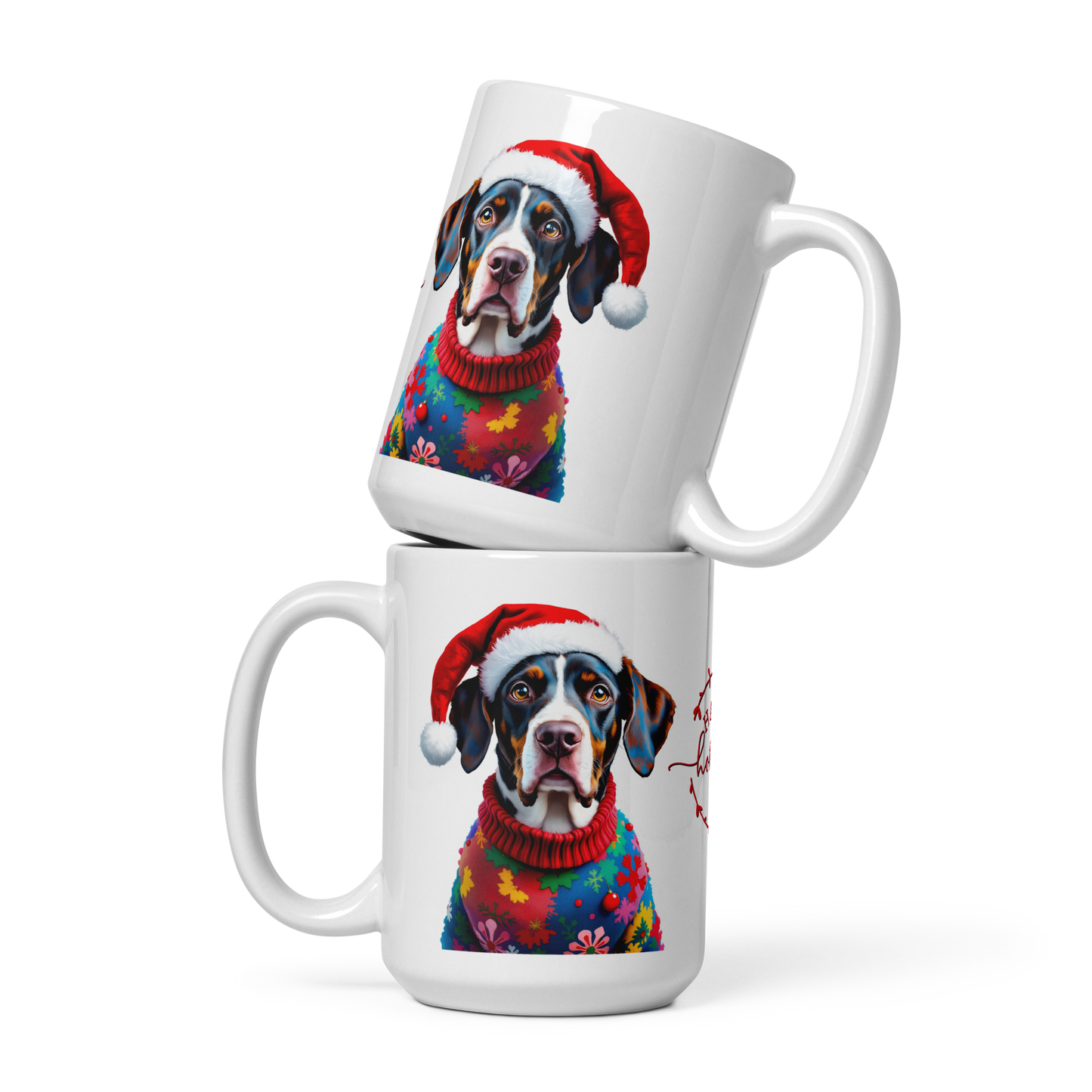 Pointer Wearing Ugly Christmas Sweater and Red Santa Hat Glossy White Mug