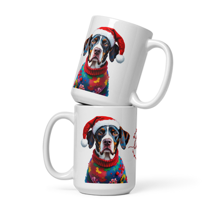 Pointer Wearing Ugly Christmas Sweater and Red Santa Hat Glossy White Mug