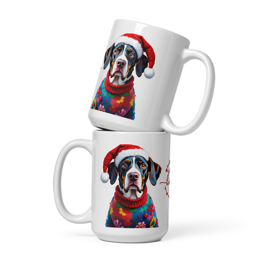 Pointer Wearing Ugly Christmas Sweater and Red Santa Hat Glossy White Mug